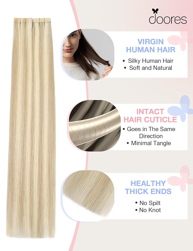 DOORES Invisi Edge Hair Extensions Real Human Hair Tape in, Dark Blonde Highlighted Bleach Blonde 10 Injection Tape-ins with 10 Classic Tape-ins 50g 14 Inch, Injected Tape in Extensions