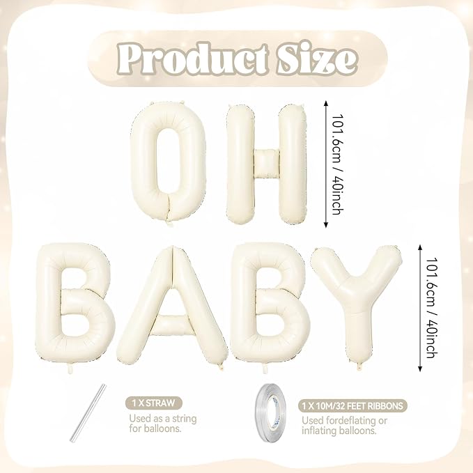 Biapian 40 Inch OH BABY Letter Balloons, Big Beige Foil Balloons - Image 2
