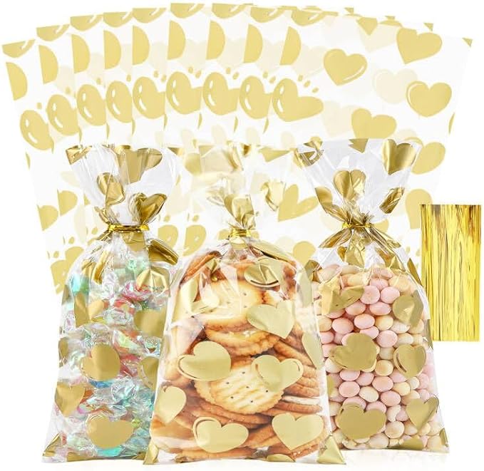 COQOFA 100 Pcs 6X10 IN Gold Heart Cello Cellophane Treat Bags Gift Party Favor by COQOFA