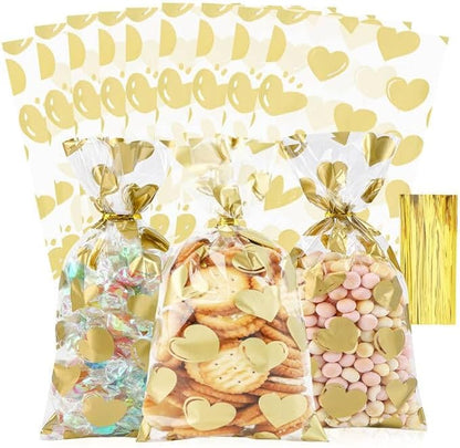 COQOFA 100 Pcs 6X10 IN Gold Heart Cello Cellophane Treat Bags Gift Party Favor by COQOFA