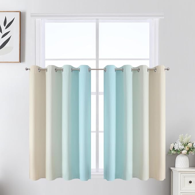 Beige and Aqua Ombre Short Blackout Cafe Curtains 36 Inch Length, Thermal - Image 2