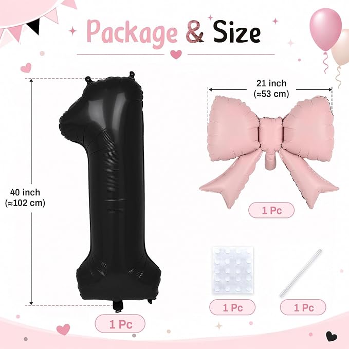 40 Inch Black Number 1 with Pink Bow Balloon, Giant Self Inflating Black Foil - Image 2