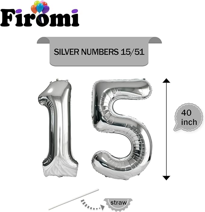 FIROMI 15 Number Balloons Silver Big Foil Mylar 51 Balloon Numbers 40-inch | - Image 2