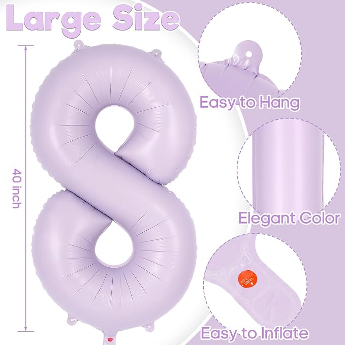 Light Purple Number 8 Balloon, 40 Inch Big Large Foil Helium Number Balloons - Image 3