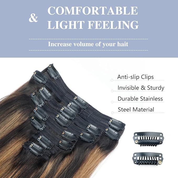 Balayage Clip in Hair Extensions Real Human Hair Straight Remy Human Hair Clip ins for Women, Natural Soft Human Hair, 8Pcs 120g, 24inch #1B/6/1B Balayage Natural Black to Chestnut Brown