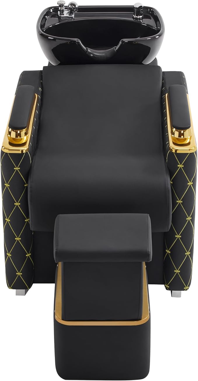 BarberPub Backwash Shampoo Station Chair with Porcelain Ceramic Hair Wash Bowl, Vacuum Breaker, Professional Black&Gold Shampoo Chair and Bowl Unit for Salon and Spa 8613 (Black&Gold)