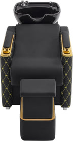 BarberPub Backwash Shampoo Station Chair with Porcelain Ceramic Hair Wash Bowl, Vacuum Breaker, Professional Black&Gold Shampoo Chair and Bowl Unit for Salon and Spa 8613 (Black&Gold)