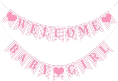 Hahafelt 1 Pcs Pink Gingham Welcome Baby Girl Banner by Hahafelt