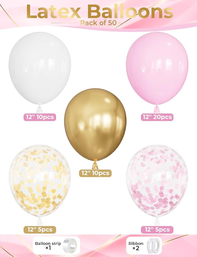 Pink and Gold Balloons Set, Confetti Balloons | 50Pcs 12 Inch Pink White Gold - Image 3