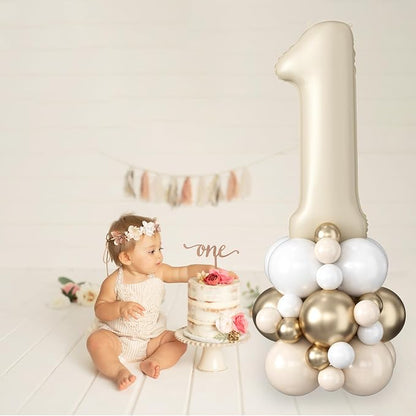 40 Inch Cream Number 1 Balloon for 1st Birthday Decorations Beige White Sand - Image 3