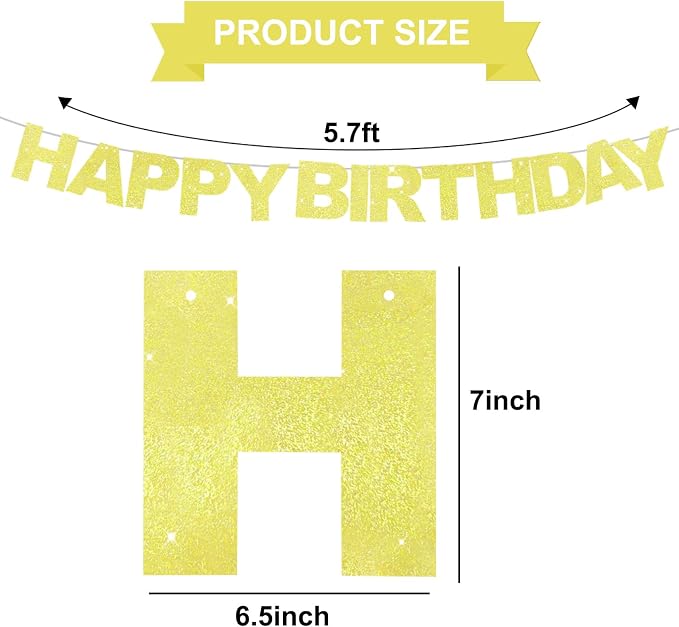 BEISHIDA Pre-Strung Glitter Yellow Happy Birthday Banner Party Sign Decor | NO - Image 2