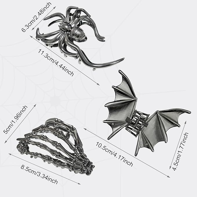 3 Pieces Large Metal Spider Net Bat Hand Hair Claw Clips for Women and Girls Thick Long Hair, Gothic Decor Skeleton Spooky Hair Styling Accessories for Halloween Christmas Gifts