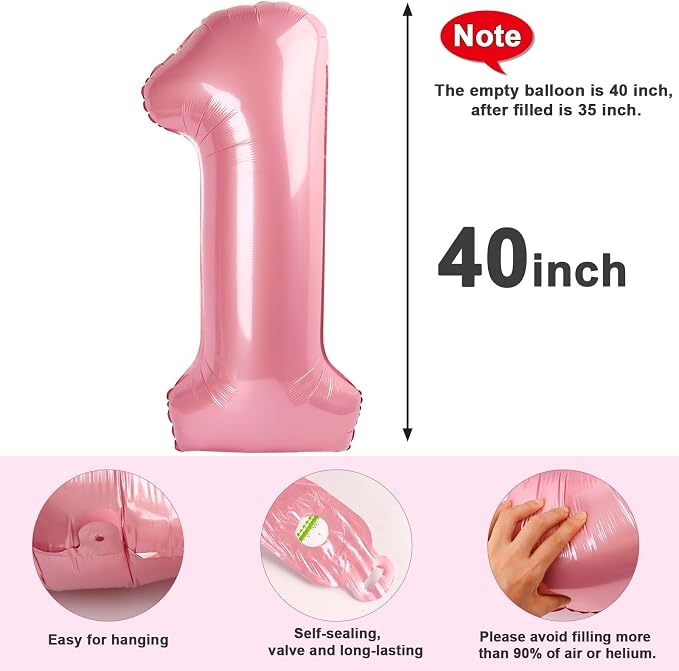 Number 1 Balloons 40 Inch for 1st 11 Birthday Party Decoration, Pastel Pink | - Image 6