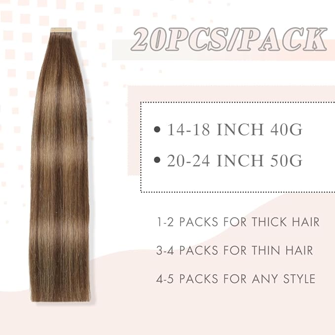Tape in Hair Extensions Human Hair Chocolate Brown Mixed Honey Blonde Hair Extensions Real Human Hair 20pcs 14 Inch Straight Invisible Human Hair Tape in Extensions for Women (4/4/27#,14 Inch)