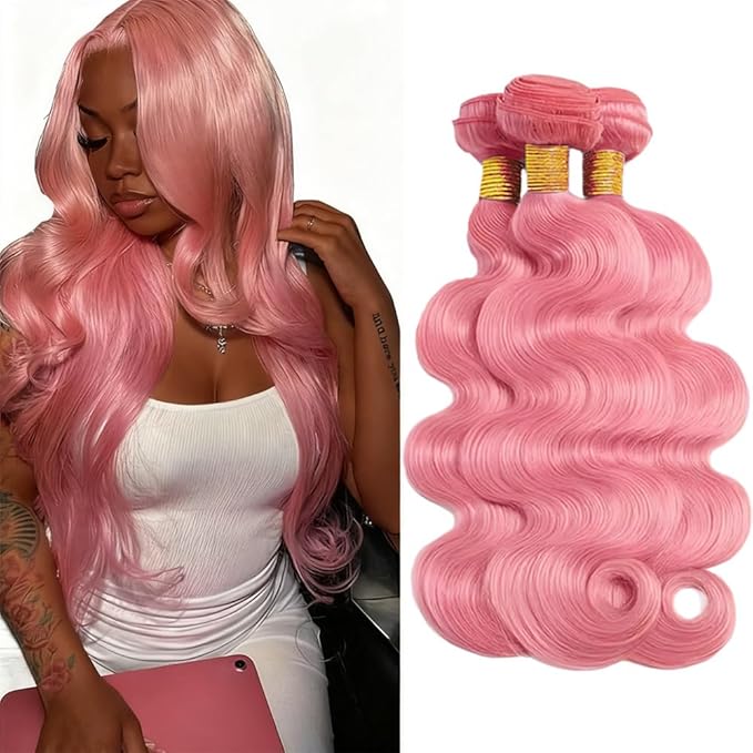 30 32 34 Inch Pink Body Wave Bundles Human Hair Light Pink Bundles 8A Peruvian Virgin Remy Hair Extensions Double Weft Real Pure Pink Hair Weave
