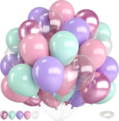 Mermaid Balloons, 12 Inch Pastel Pink Purple Green Clear Metallic Balloons by FunHot