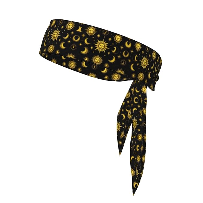 Men Women Sports Sweat Bands, Multifunction Long Head Ribbon for Yoga Workout Shower, Fashion Sun Moon Star Gold Black Headwear Hair Decor