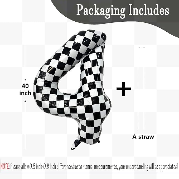 40 Inch Checkered Number Balloon 4 Black and White Number 4 Balloon Foil Helium - Image 2
