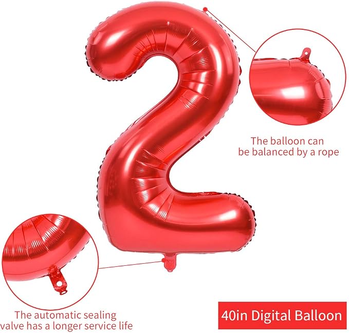 TONIFUL 40 Inch Red Number 2 Balloons Large Foil 2nd Birthday Decorations | Red - Image 2