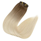 Full Shine Ombre Clip in Blonde Human Hair Extensions 16 Inch Straight Hair Clip in Extensions Dark Brown to Bleach Blonde 120 Grams 16 Inch