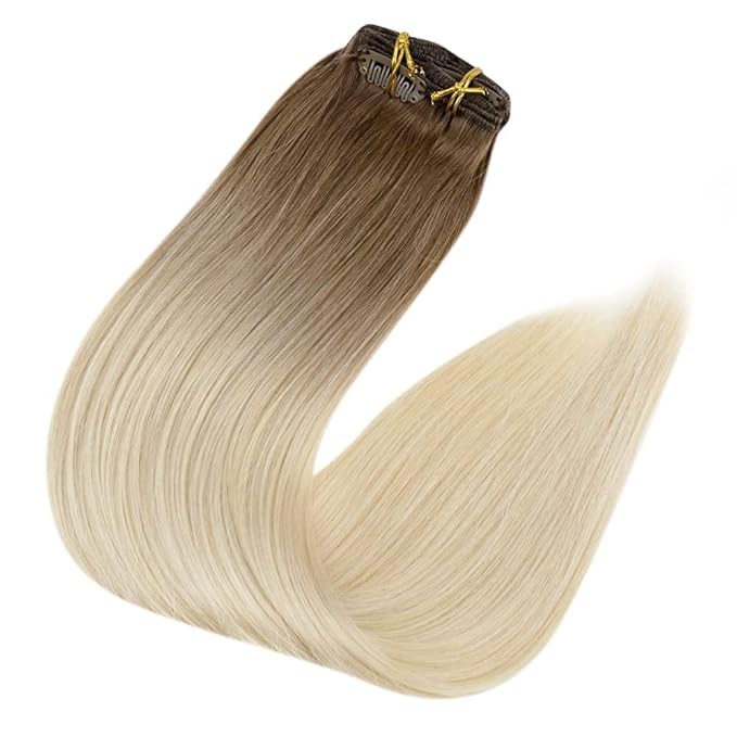 Full Shine Ombre Clip in Blonde Human Hair Extensions 16 Inch Straight Hair Clip in Extensions Dark Brown to Bleach Blonde 120 Grams 16 Inch