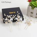 Elegant Pearl Wedding Hair Pins, Bendable Floral Crystal Hair Accessories for Bridal Women, Pack of 3 (Gold)