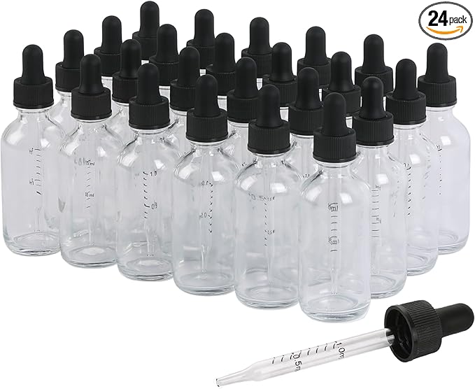 24 Pack, 2oz Glass Dropper Bottle, Preety Texture Tincture Bottles with Precise Scales Eye Droppe, for All Kinds Of Mixed Liquids,Leak-Proof Design for Easy Travel (Clear)