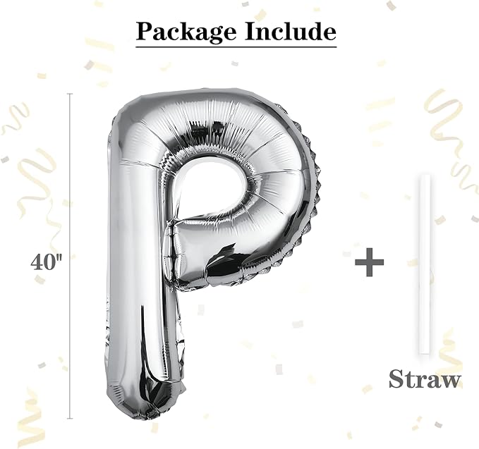 40 inch Silver Letter P Balloon, Big Size Alphabet Foil Mylar Helium Balloons - Image 2