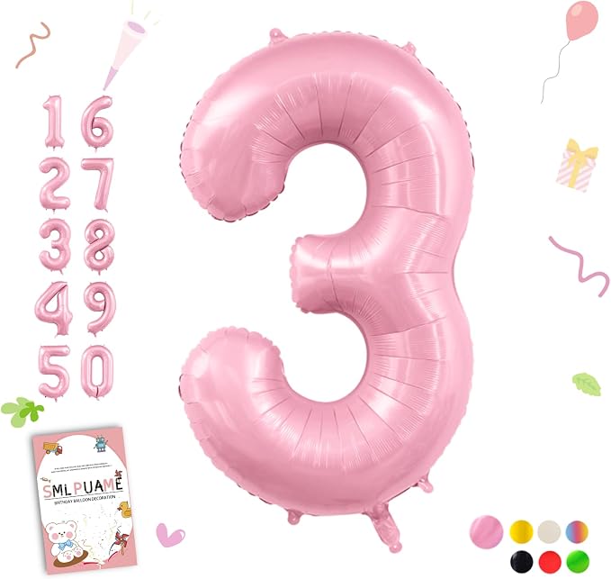 Pastel Pink 3 Balloons, 40 Inch Large Light Pink Foil Number Balloons 0-10 by Smlpuame