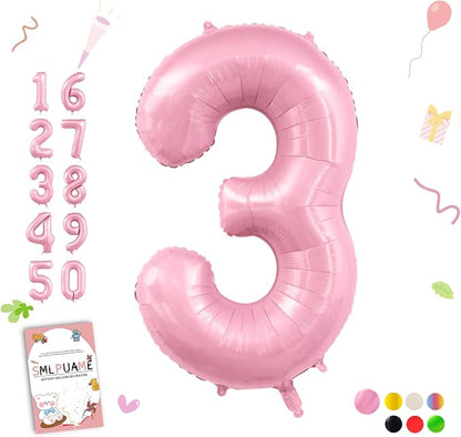 Pastel Pink 3 Balloons, 40 Inch Large Light Pink Foil Number Balloons 0-10 by Smlpuame