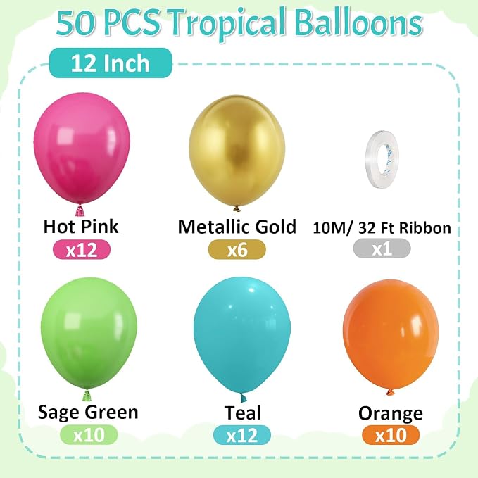 Paready Tropical Balloons Set, 12 Inch Hot Pink Orange Teal Green Metallic Gold - Image 2