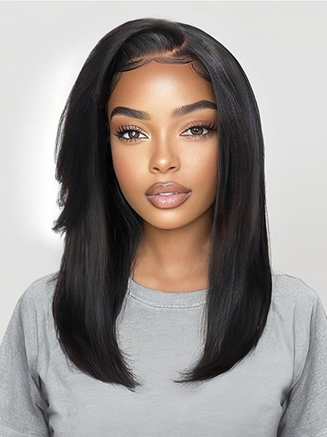 Yiroo Light Yaki Straight Wig Human Hair with Side Swept Bangs,7x5 Lace Front Bye Bye Knots Glueless Wig Human Hair Pre Plucked Pre Cut,Elastic Drawstring Wear and Go Wig for Women 150% Density 20Inch