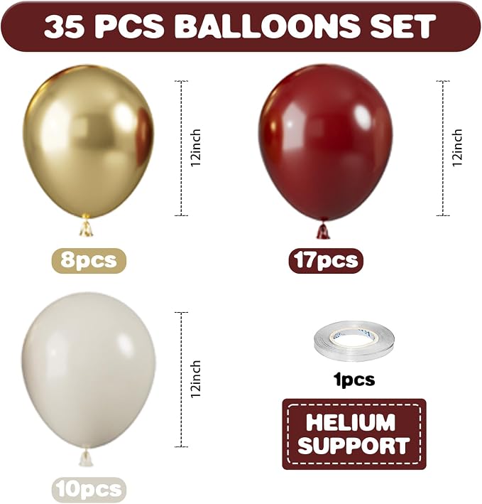 Red and Gold Balloons, 12 Inch Burgundy Gold Balloons, Maroon Balloons - Image 2