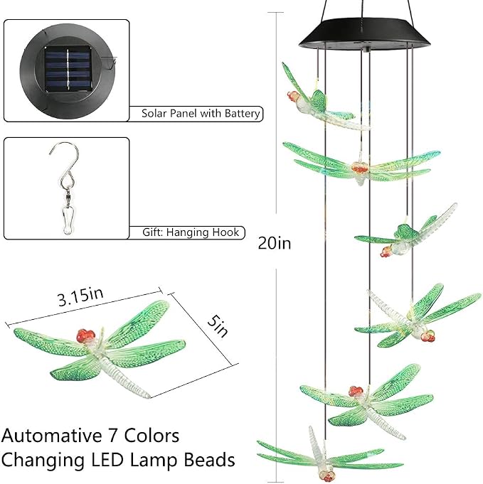 Toodour Solar Wind Chimes Outdoor, Color Changing Solar Lights Dragonfly | Gifts - Image 6