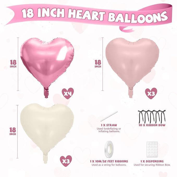 Pink Heart Balloons, 18 Inch Pink Sand White Foil Balloons - Image 2