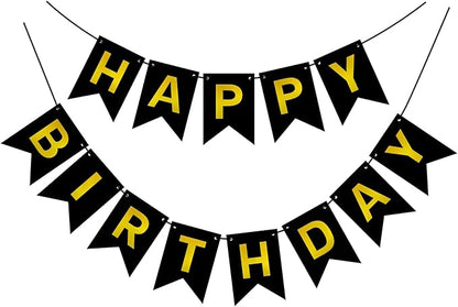 Pre-Strung Black and Gold Happy Birthday Banner Sign by PatiCool