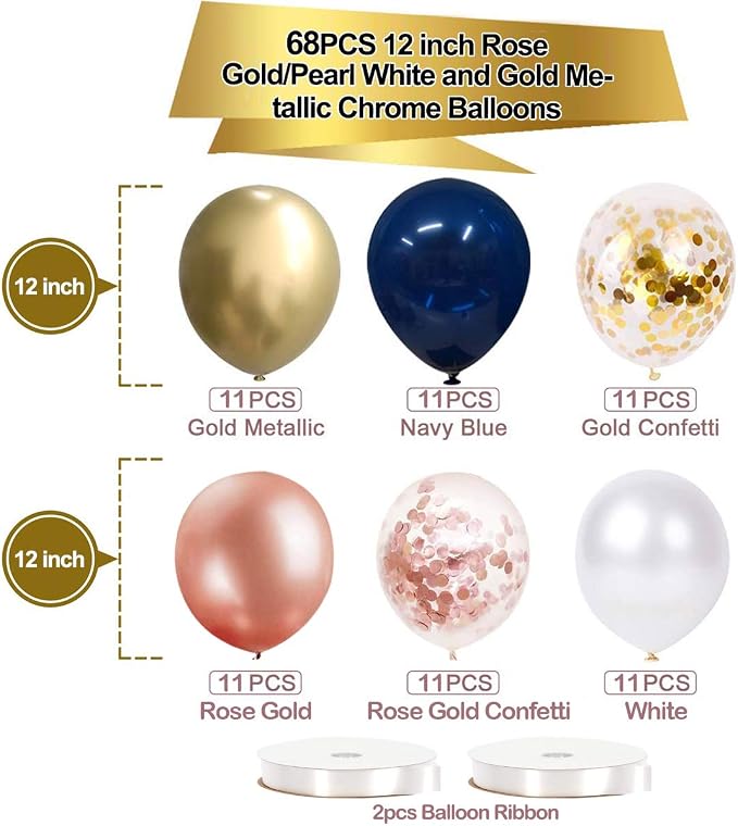 68 Pack Navy Blue Rose Gold Confetti Latex Balloons, 12 inch Birthday Balloons - Image 5