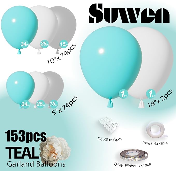 SUWEN 153Pcs Teal Balloon Arch Kit Silver White 18 10 5 Inch | Turquoise - Image 6