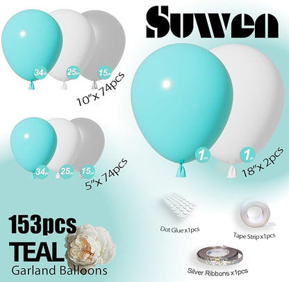 SUWEN 153Pcs Teal Balloon Arch Kit Silver White 18 10 5 Inch | Turquoise - Image 6