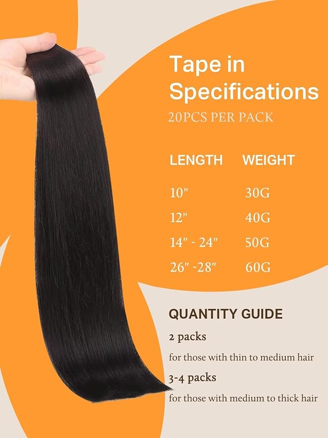 DOORES Tape in Extensions Human Hair Natural Black 24 Inch 20pcs 50g Human Hair Extensions Tape in Real Skin Weft Straight Natural Hair Extensions