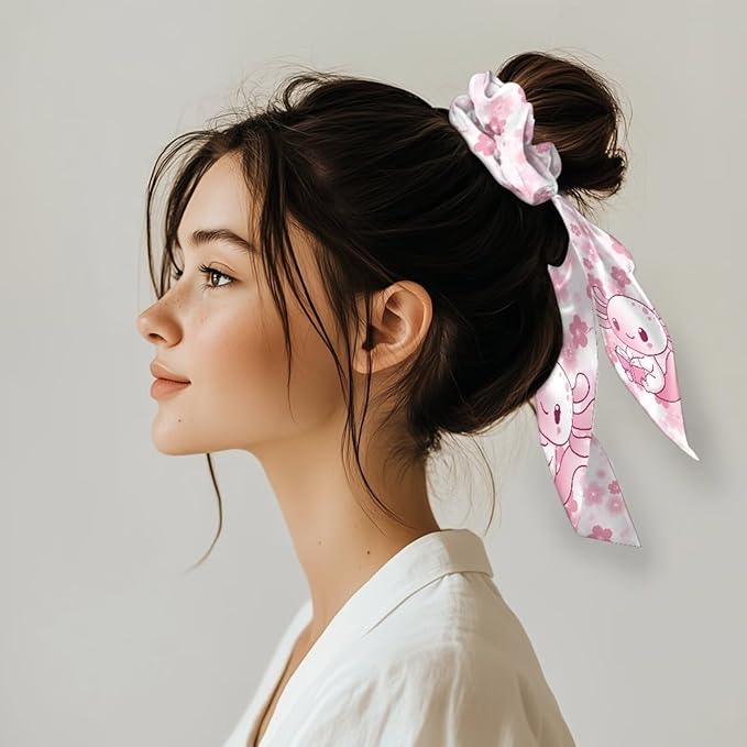 2 Piece Axolotl Elastic Ribbon Bow Hair Ties Pink Cherry Blossom Knotted Bow Satin Ponytail Holder for Women Stylish Scarf Scrunchies with Long Tails