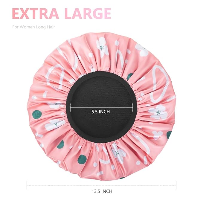 Aquior Shower Cap,Extra Large Triple Layer Bathing Cap with Dry Hair Function for Women Microfiber Terry Cloth Silky Satin 100%% Waterproof Reusable Long Hair Bath Caps (Pink Flora)