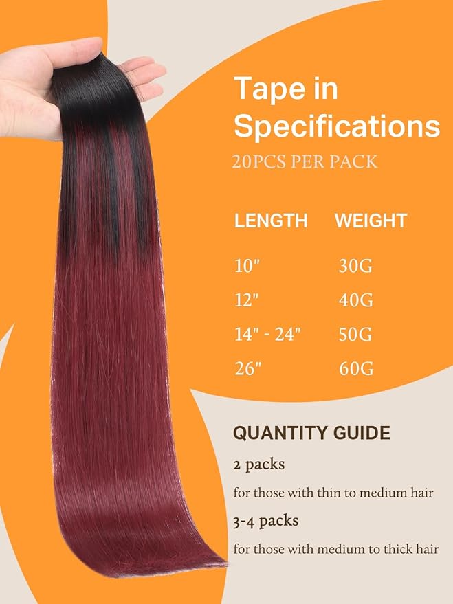 DOORES 16 Inch Tape in Hair Extensions Ombre Jet Black to Red Real Human Hair Extensions Tape in Straight Hair Extensions Natural Hair Skin Weft 50g 20pcs