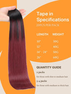 DOORES 18 Inch 50g Human Hair Extensions Tape in Remy Ombre Jet Black to Red Tape in Hair Extensions Human Hair Natural Hair Extensions Real Hair Glue in Extensions 20pcs