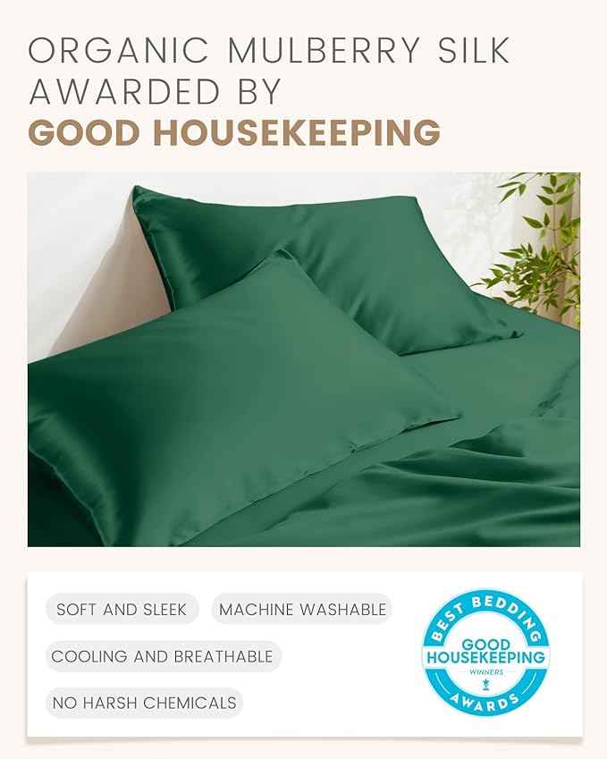 THXSILK 100% Mulberry Silk Pillowcase for Hair and Skin Heath, Best Gift Choice, Grade 6A+ Silk, Mulberry Silk Pillow Cover with Zipper, 1pc(California King Size 20"x40", Emerald Green)