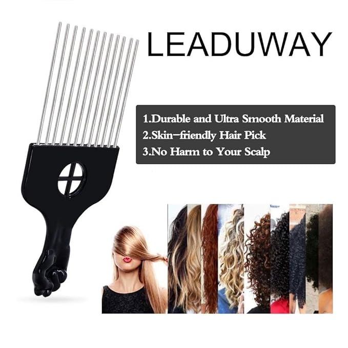 4Pcs Afro Picks Metal Hair Combs, Steel Teeth Hair Pick for Curly, Coily, Natural Hair, Detangling, Styling Comb for Men Women (Black)