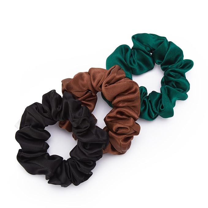 3 Pcs Silk Hair Ties, 22 Momme 100% Mulberry Hair Band, Silk Scrunchies for Women and Girls, 6A Grade No Damage Ponytail Holders (1.2in Width, Black Brown Dark Green)