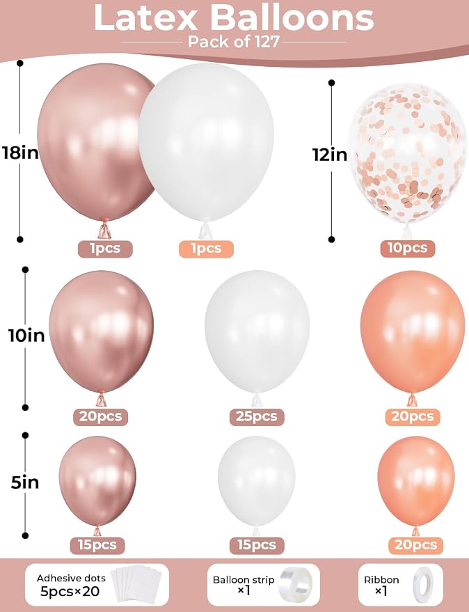 Rose Gold Balloon Garland Arch Kit, Metallic Rose Gold Pearl White and Glitter - Image 4