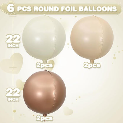 Sand White Brown Round Foil Balloons 6Pcs, Giant 4D Round Ball Balloons - Image 2