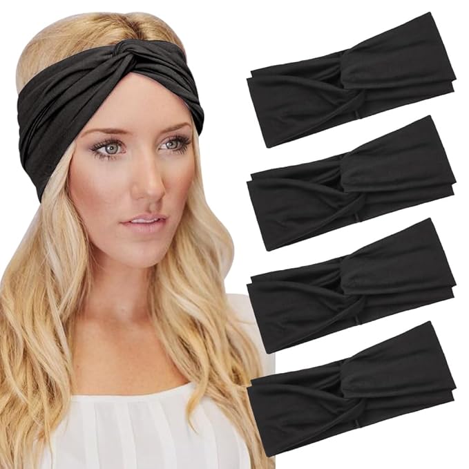 DRESHOW 4 Pack Headbands for Women Yoga Knotted Headbands Elastic Criss Cross Hair Accessories Sports Head Wrap Non Slip Black